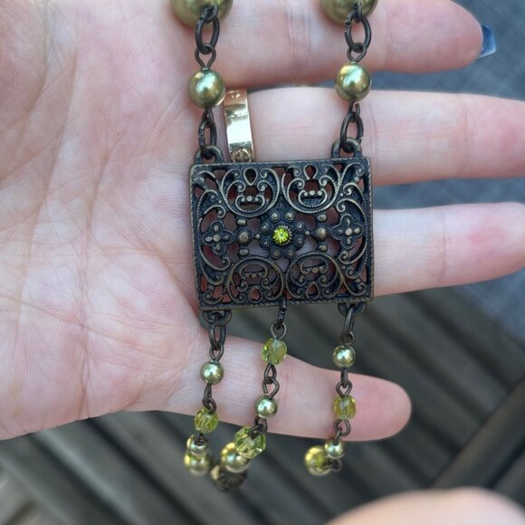 Art Deco Green Pearl Beaded Statement Dangle Necklace - Picture 4 of 6